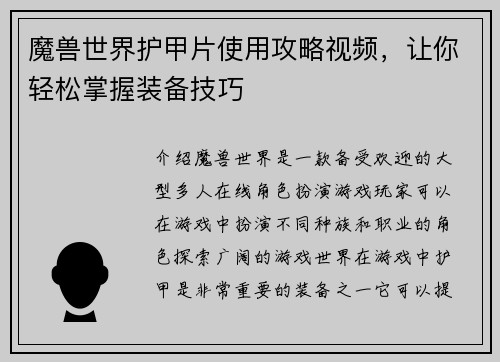 魔兽世界护甲片使用攻略视频，让你轻松掌握装备技巧
